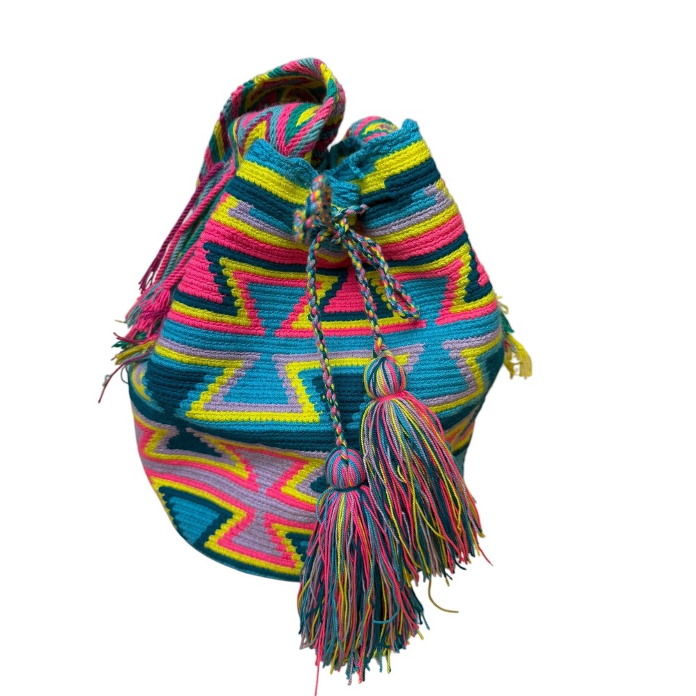 Artisan Handwoven Crochet Bucket Bag Neon Geometric Tassel Boho Neon Beach Bag